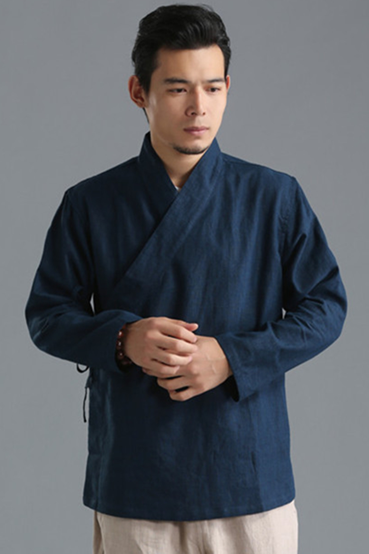 原創復古男裝斜襟繫帶亞麻居士服 中式禪服男上衣 禪茶修行服外套