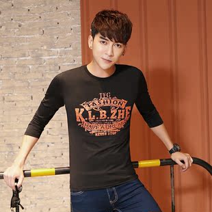 冬季款圆领学生复古字母图案外穿体恤加绒大码宽松男长袖t恤上衣