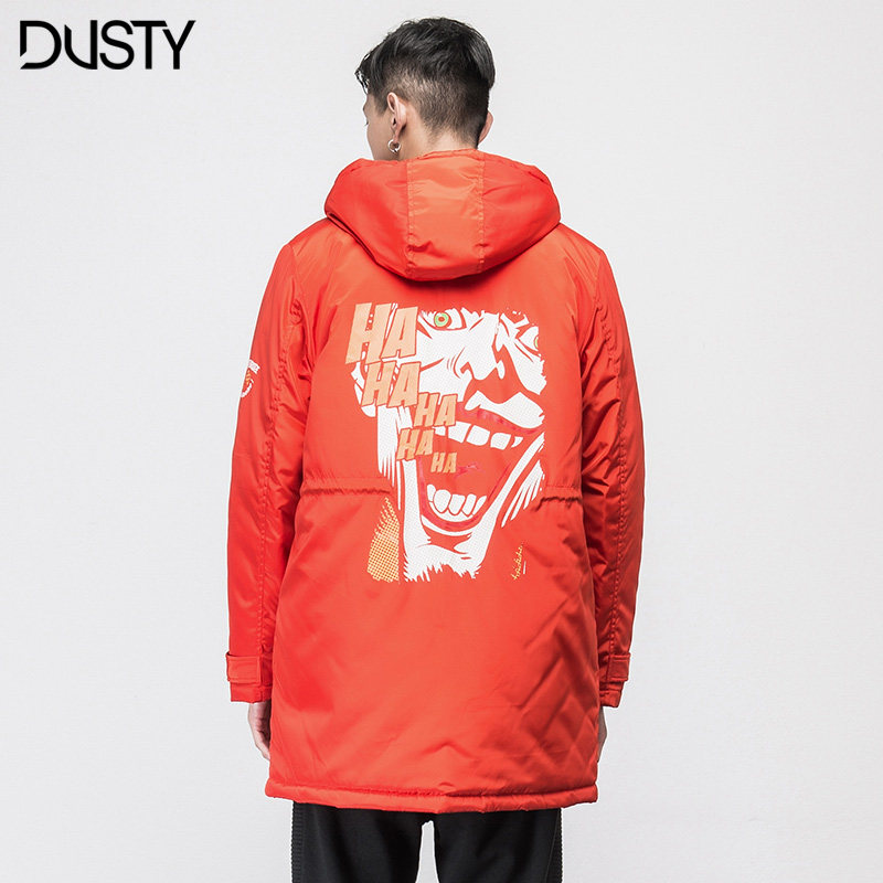 dusty潮牌男士冬装个性绣花章棉衣外套小丑印花中长款连帽棉服