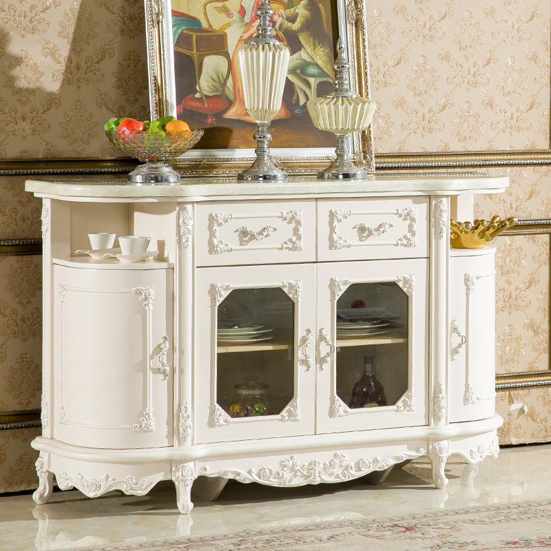 欧式大理石餐边柜厨房碗柜复古茶水柜餐厅柜子酒柜储物柜白色半圆