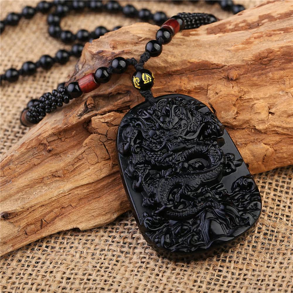 天然黑曜石关公牌吊坠男女款霸王龙黑耀石毛衣链招财辟邪项链礼物
