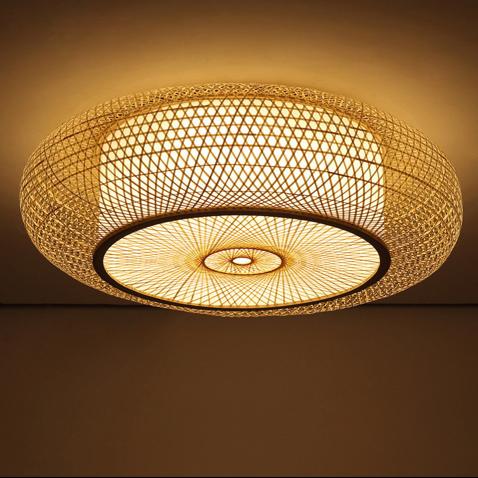 比月灯饰竹编田园卧室东南亚餐厅客厅灯具大气智能圆形吸顶灯3663