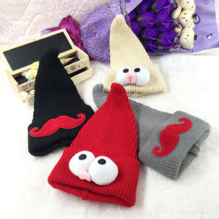 韩国儿童套头尖尖精灵帽宝宝毛线帽秋冬可爱立体搞怪大眼睛潮新品