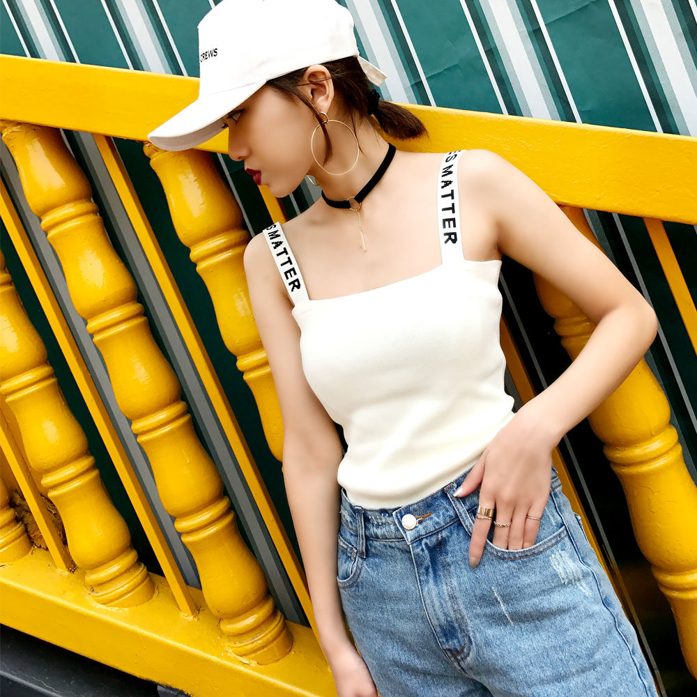2017夏季女装新款百搭字母肩带无袖针织吊带修身打底弹力小背心女