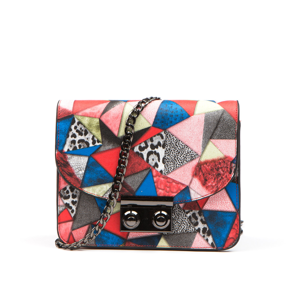 拉夏贝尔la babite2017春新款几何拼色花纹链条单肩包女60200262