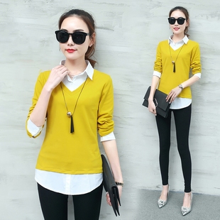春装衬衫领长袖t恤女春秋韩国打底衫春款外穿衣服假两件女装上衣