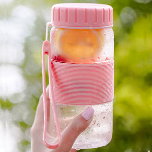 杯子 学生水杯便携塑料杯子 创意情侣随手杯运动水壶 防漏杯带提绳带