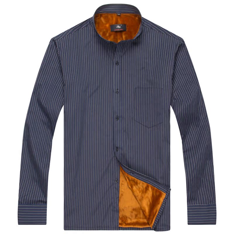 冬季小立领保暖衬衫男加绒加厚纯棉条纹衬衣中年男士带绒加棉长袖