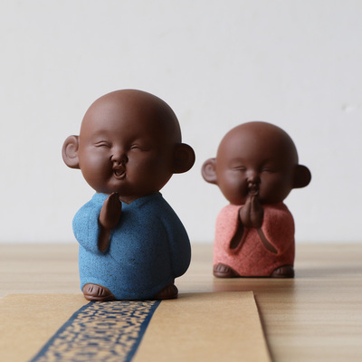 三不小和尚茶宠摆件紫砂沙弥可爱佛不说不听不看可养茶玩