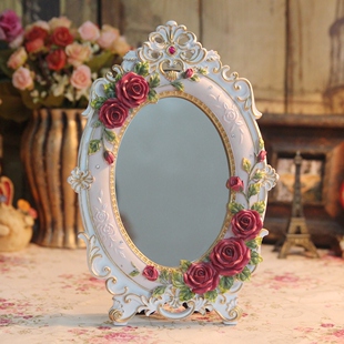 精品树脂妆镜梳台式化妆镜欧式复古公主镜宫廷田园梳妆台镜子包邮