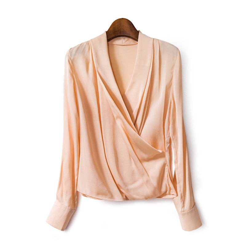 唯美印花桑蚕丝上衣v领白色真丝衬衫女士衬衣长袖2017秋装新款