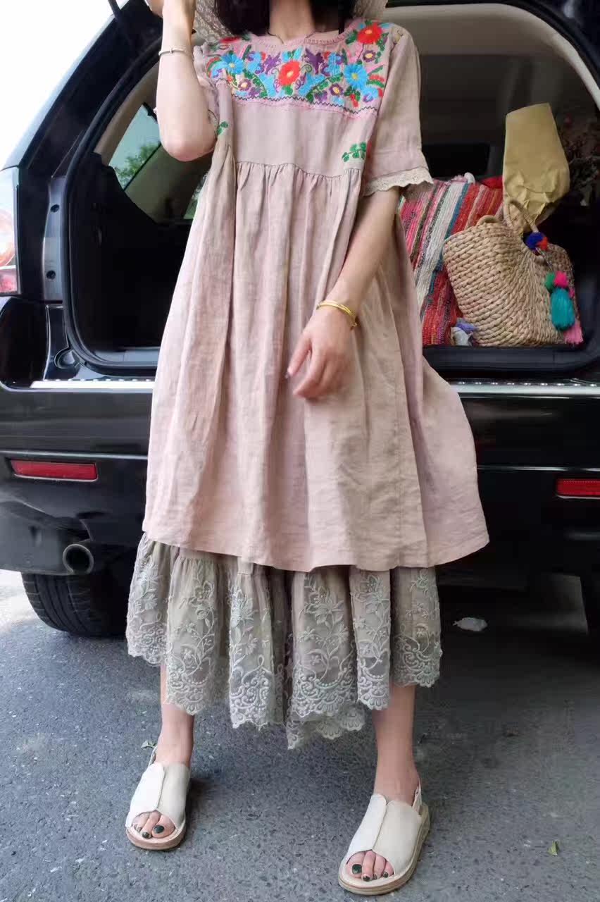 熊姑娘夏季新款 日系森林系森女重工刺绣短袖棉麻大码连衣裙四色