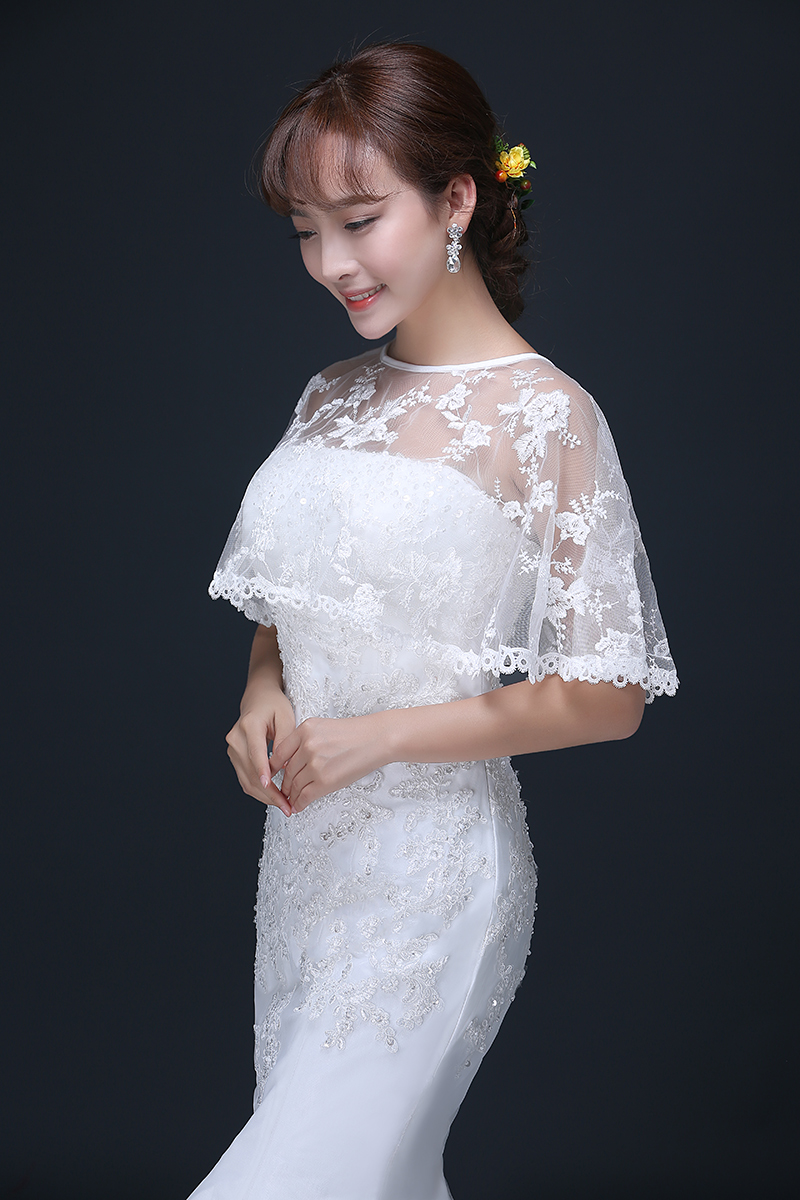 2017新款白色韩版蕾丝披肩斗篷新娘结婚一字肩蕾丝红披纱婚纱披肩
