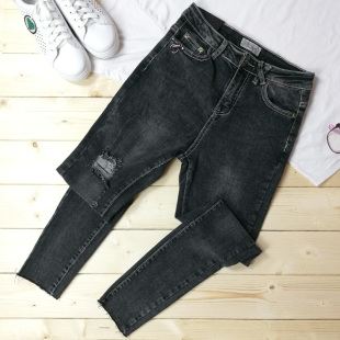 欧洲站牛仔裤女2017秋季新款弹力小脚裤紧身时尚破洞九分裤欧货潮