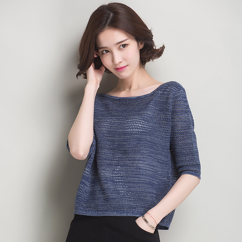 天天特价夏季韩版宽松短款套头中袖冰丝镂空针织衫上衣打底衫女装