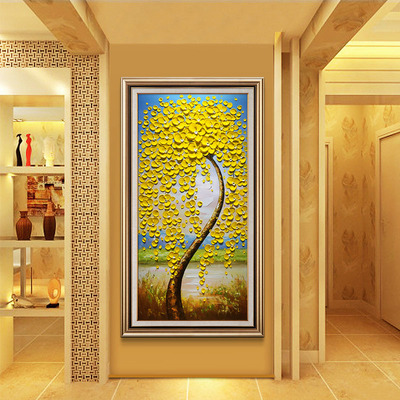 玄关装饰画手工绘油画发财树走廊过道欧美式壁画立体挂画竖版招财