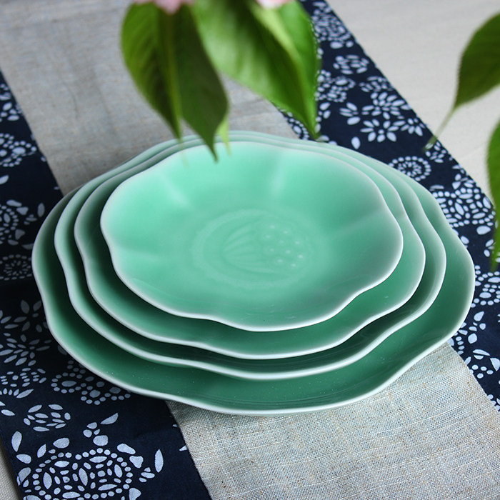 陶瓷盘子菜盘深盘瓜果盘碟子龙泉青瓷健康餐具6-9英寸青莲花平盘