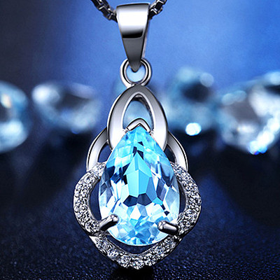 天然托帕石水晶项坠 925纯银蓝宝石蓝水晶水滴吊坠饰品项链女礼物