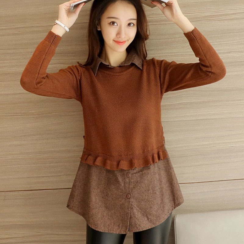 衬衫领套头宽松毛衣韩版春季新款中长款拼接针织衫打底衫上衣女