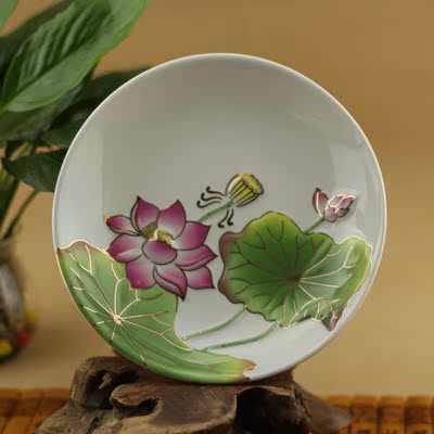佛教用品高脚供盘果盘贡碟佛堂供具玉瓷浮雕彩绘荷花莲花陶瓷供具