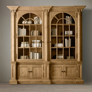 美式原木色实木书柜复古做旧储物柜置物柜书架书橱收纳柜北欧家具