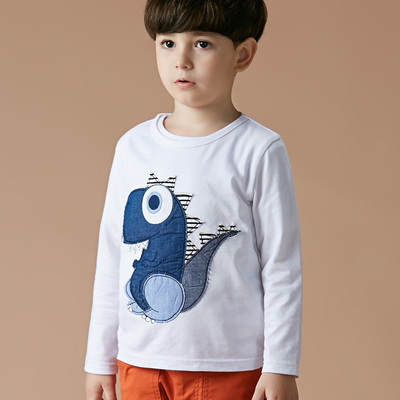 童装男童t恤长袖春秋2015新款恐龙贴布纯棉儿童打底衫中小童t恤衫
