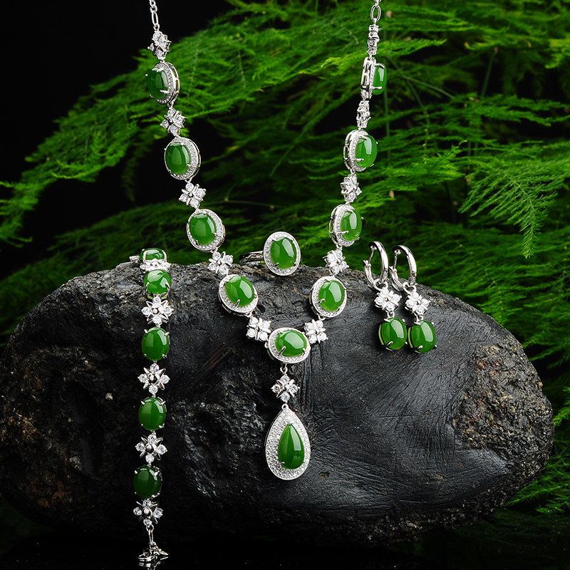 天然碧玉项链耳环手链戒指玉首饰套装 新娘配饰婚纱饰品结婚送礼