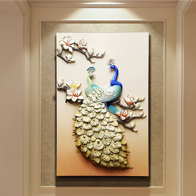 玄关装饰画现代简约挂画树脂油画3d立体走廊浮雕画过道荷花壁画