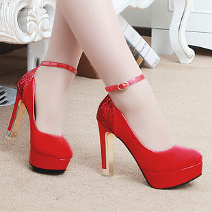 2015秋冬红色高跟鞋防水台婚鞋粗跟款新娘鞋女士单鞋超高跟伴娘鞋