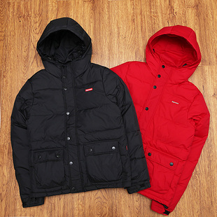 包邮sup绒羽绒服刺绣小标纯色黑红色男女情侣款欧美潮牌日系复古