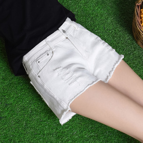 白色破洞高腰牛仔裤短裤女夏季2017新款韩版百搭宽松阔腿大码热裤