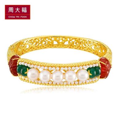 ctf「订购」周大福故宫文化如意花卉珍珠玉髓18k金手镯ft65851