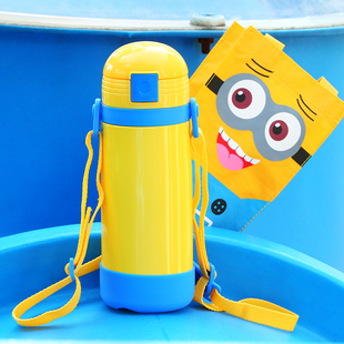 保温瓶 儿童卡通水壶学生保温瓶不锈钢杯子 先行小黄人保温杯带吸管