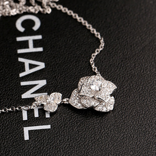 欧美日韩国s925纯银白金镶钻伯爵花山茶花吊坠锁骨链项链女短礼物