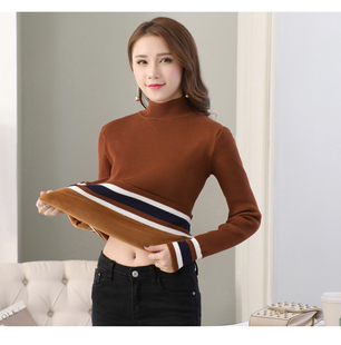 加绒毛衣女套头秋冬修身加厚保暖上衣服半高领条纹短款针织打底衫