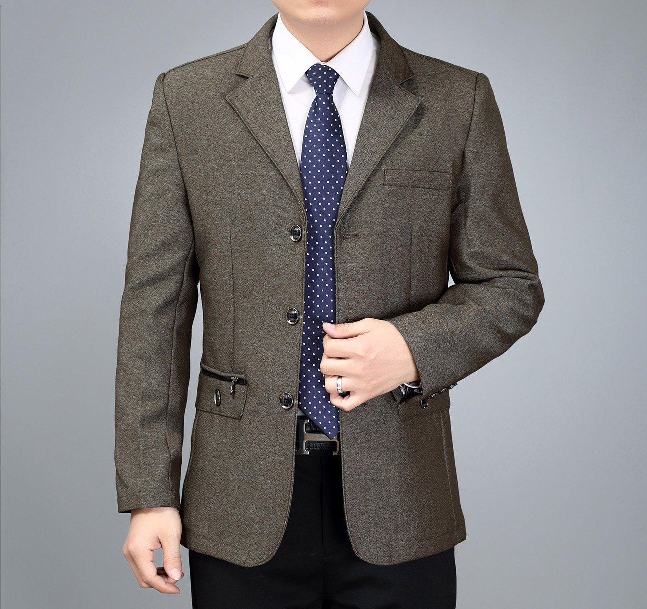 中老年男士单件西服外套秋季款加大码薄款上衣中年爸爸无开衩西装