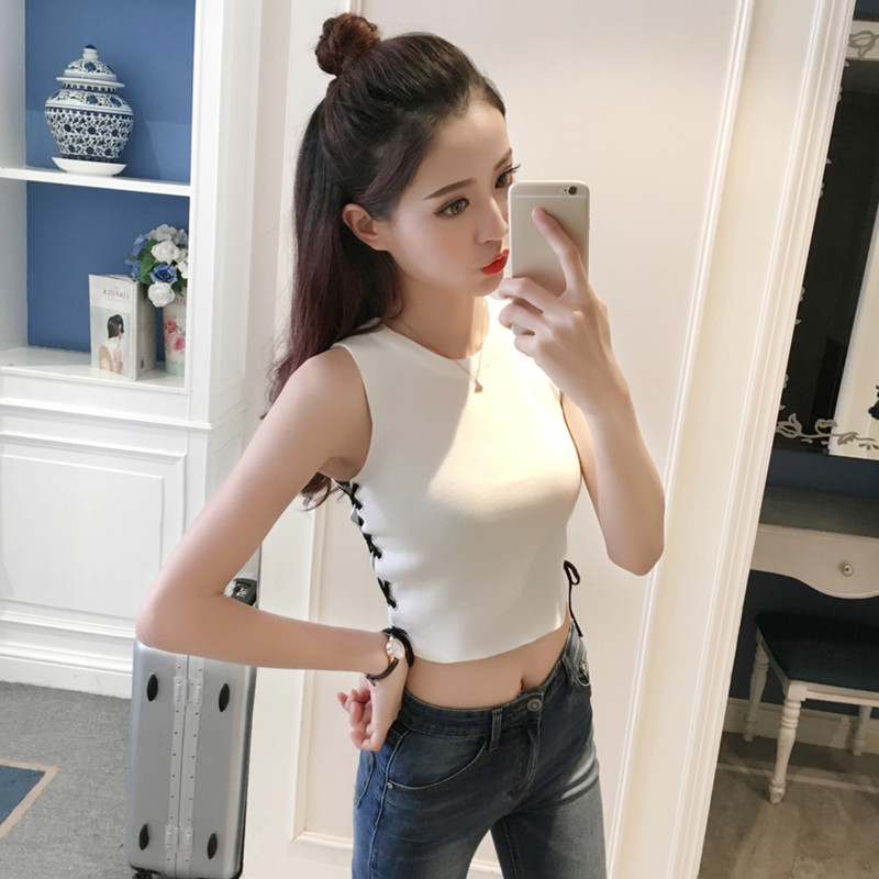 无袖针织露脐装短款上衣女夏秋紧身漏肚脐背心露肚脐高腰衣服性感