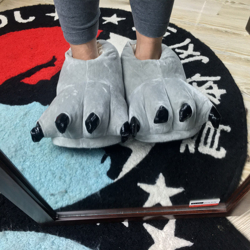 秋冬季恐龙爪子卡通棉拖鞋保暖加厚男女怪兽厚底毛毛鞋居家情侣鞋