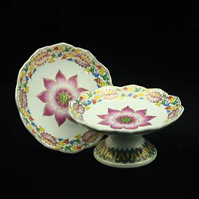 北京佛具用品供佛仿古唐彩 观音莲花供盘 彩绘莲花 佛堂供佛果盘