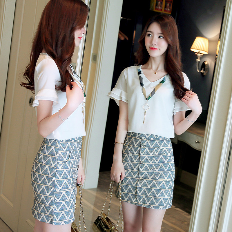 韩版套装裙两件套夏装2017新款女甜美雪纺上衣包臀时尚短裙半身裙