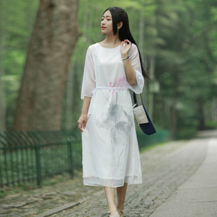 问茶 改良汉服女装连衣裙 清水溪原创设计 舒适显瘦 绣花棉麻裙