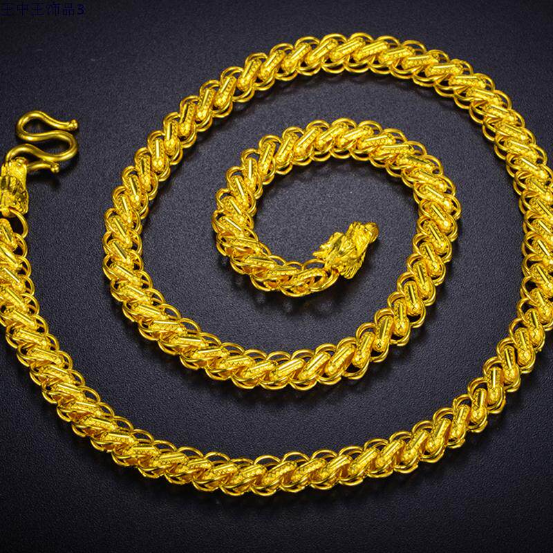 镀黄金龙头链粗镀金项链男可换福字扁扣泰链加长链镀金链子可刻字