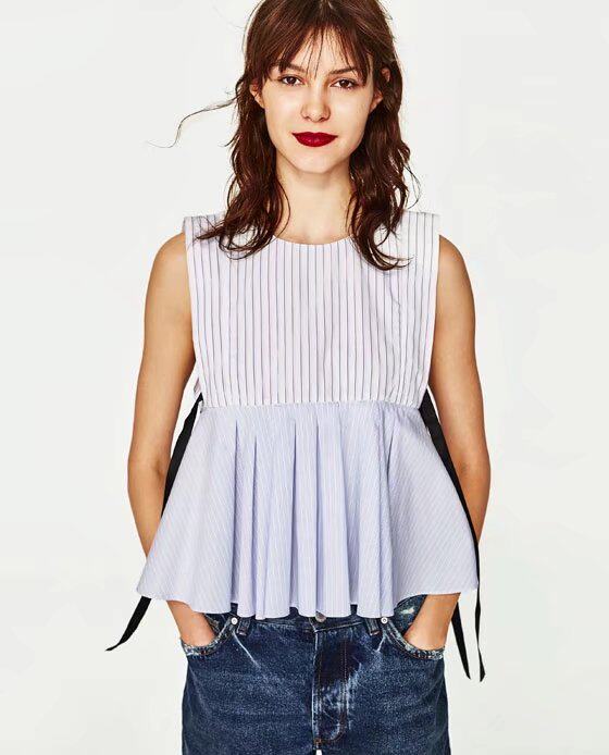 西班牙订单2017夏季新品女装条纹褶皱上衣无袖衬衫女2567/204