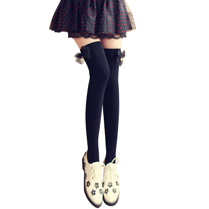 甜美珍珠半截袜过膝学生日系半截袜蝴蝶结学院风大腿袜纯棉长筒袜