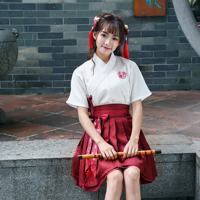 原创日常改良汉服女夏古风学生班服中国风汉元素交领上衣短裙套装