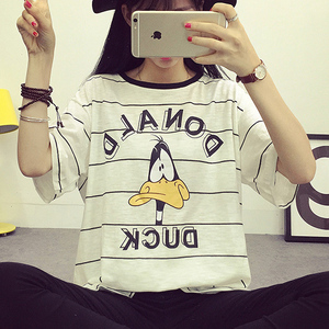 加肥加大码女装胖mm夏装2016胖妹妹200斤字母卡通条纹宽松短袖t恤