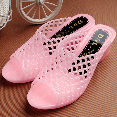 镂空水晶透明塑料居家室内休闲拖鞋渔网高跟凉鞋女夏秋冬易洗耐脏