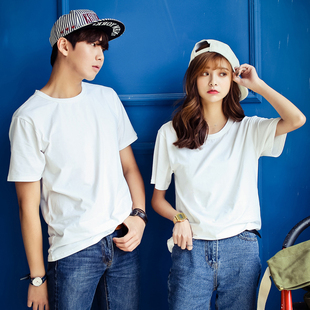 夏季纯色白色纯棉t恤情侣装大码体恤男女短袖宽松百搭半袖上衣服