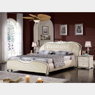 浅黄色 美乐乐家居 1.8米浅黄色雕花软床 欧式简约 真皮排骨架床/kfy