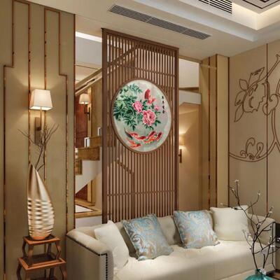 手工刺绣真丝双面绣圆形半透明屏风玄关隔断新中式现代玉兰荷花